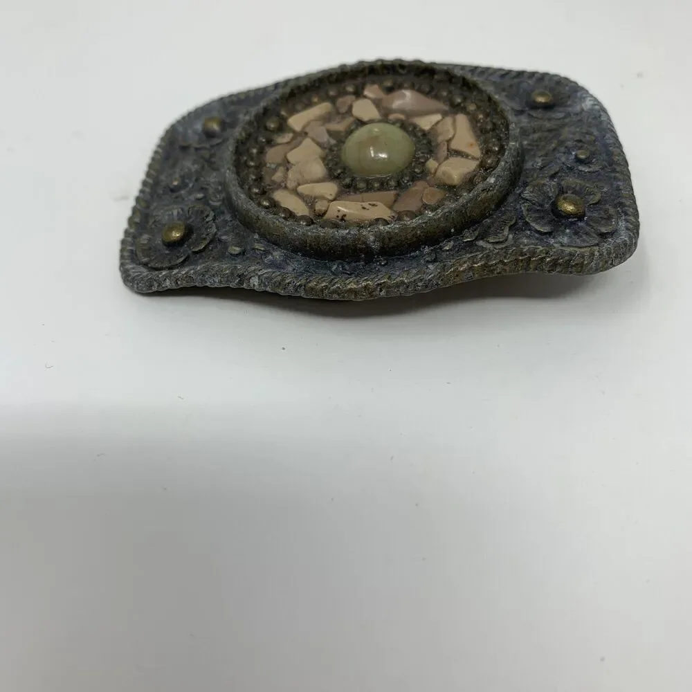 Western Belt Buckle Mens Gray Floral Metal Beaded Stone Mosaic Cowboy Rustic